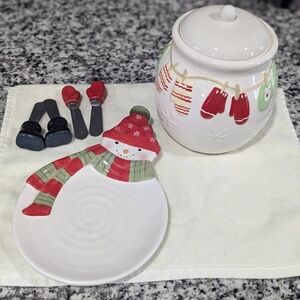 Hallmark Festive Snowman Plate and Cookie Jar Set